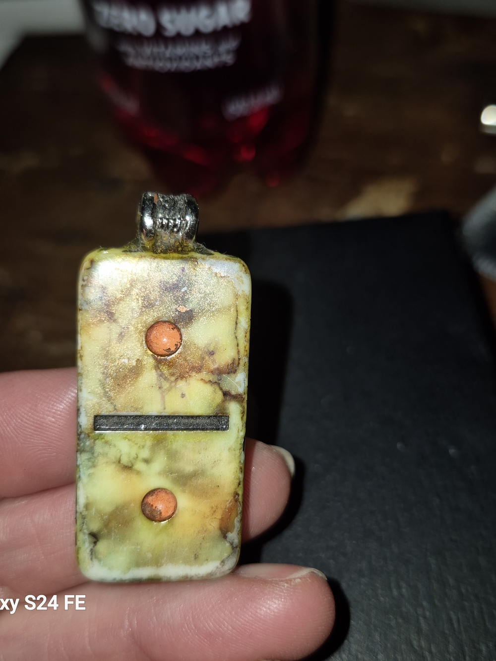 Yellow-Green Turquoise Domino Pendant Necklace with Orange Accents - Picture 5 of 6